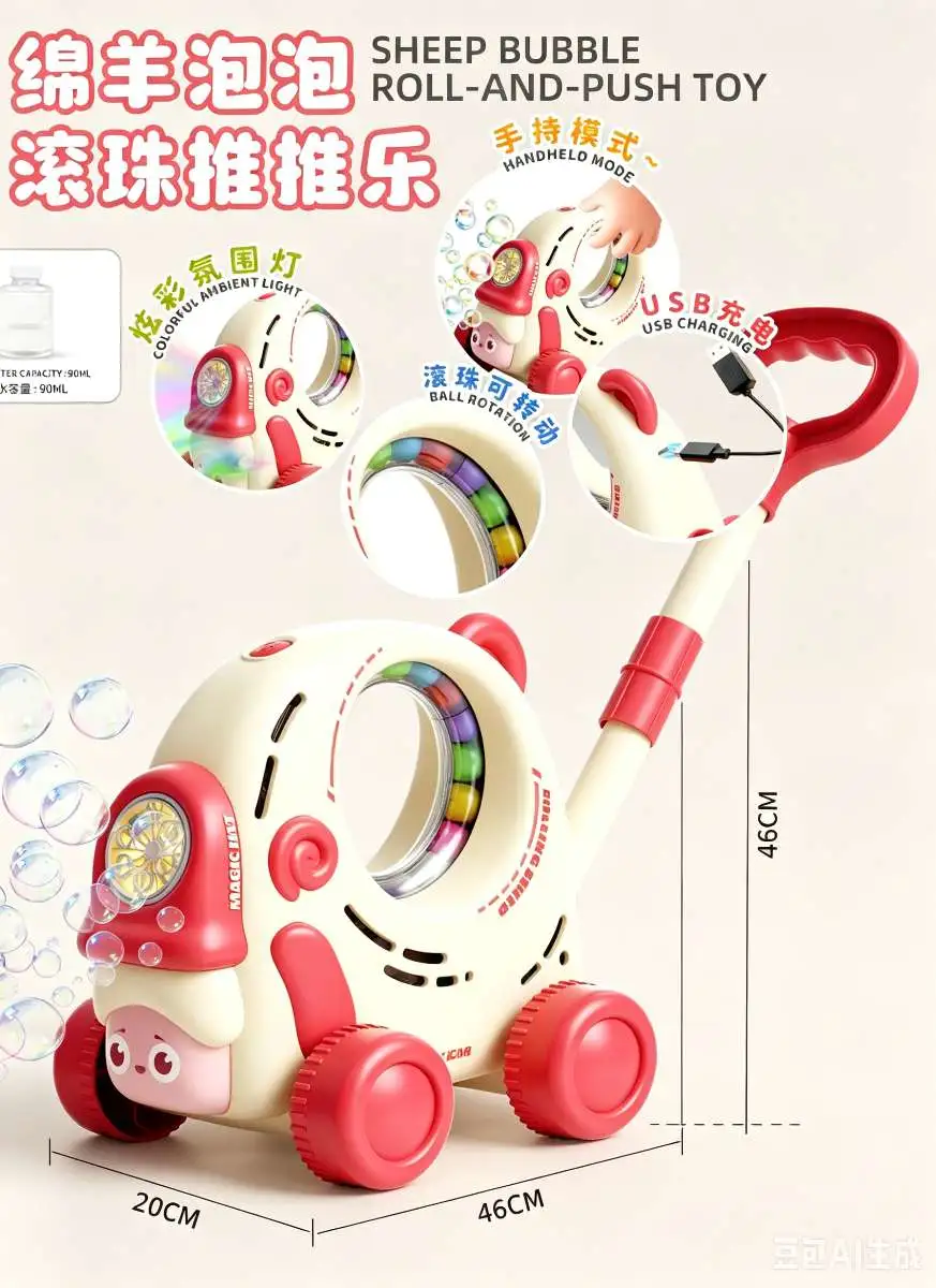Children's sheep bubble ball pusher, portable, light, leak-proof, USB charging, outdoor walking, birthday gift, electric bubble machine detail image 3