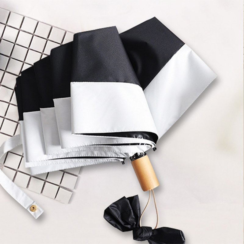 Hengdun simple two-color spliced black rubber sun umbrella, lightweight and portable, wooden handle three-fold umbrella, reinforced, wind, rain and sun protection, UV protection, sun protection and shade umbrella for women, supports wholesale customization, logo advertising umbrella Specification image