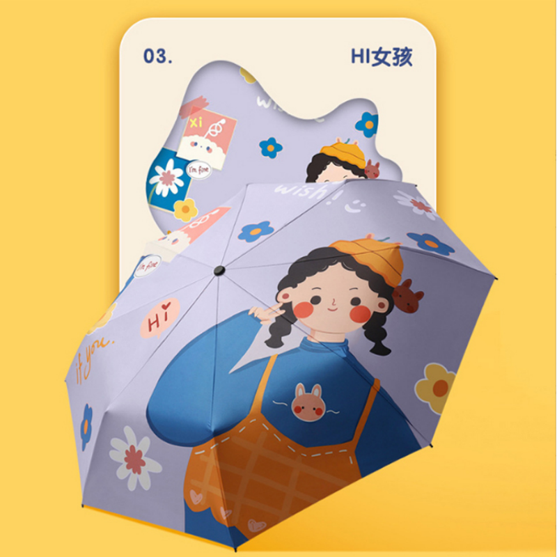 Hengdun Cartoon girl printed black rubber sun Umbrella, cute girls, ins style, folding, all-weather and all-weather umbrella, UV protection portable sun umbrella, high appearance level sun umbrella for students, supports wholesale and custom logo Specification image
