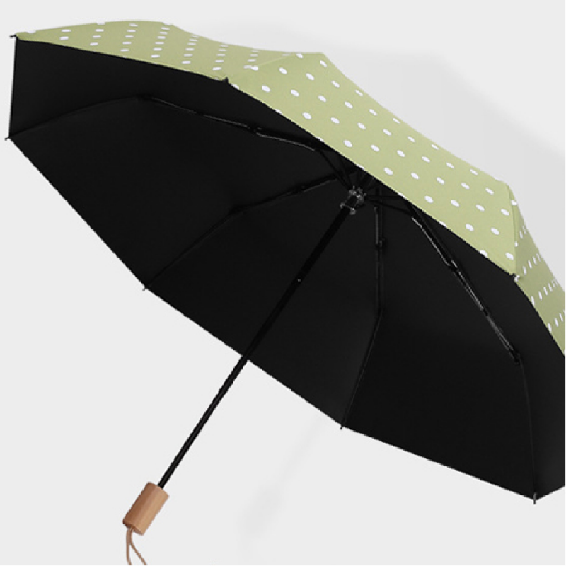 Hengdun polka dot wooden handle all-weather umbrella, retro polka dot black rubber sun umbrella, multiple colors available, UV protection portable student sun umbrella, simple ins style sun umbrella, wholesale and custom logo supported Item Picture