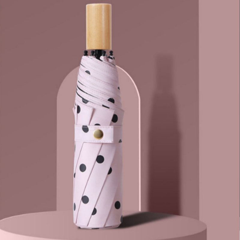 Hengdun polka dot wooden handle all-weather umbrella, retro polka dot black rubber sun umbrella, multiple colors available, UV protection portable student sun umbrella, simple ins style sun umbrella, wholesale and custom logo supported details Picture