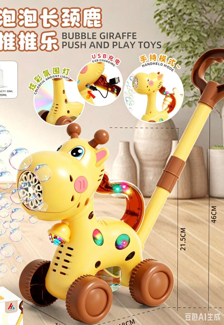 Children's giraffe bubble push game, push-and-hold, light, leak-proof, USB charging, outdoor walking, birthday gift, electric bubble machine