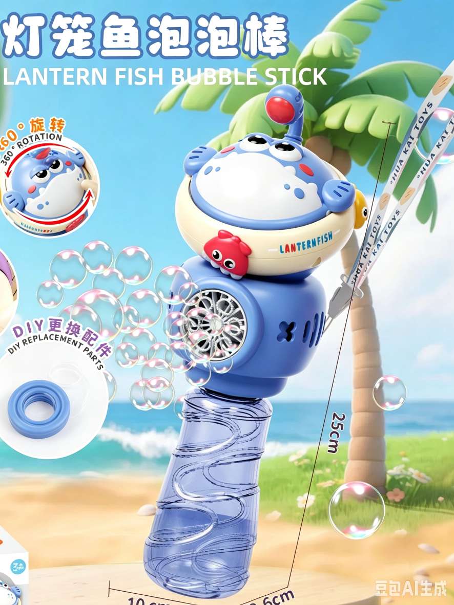Cartoon lanternfish bubble machine, fully automatic continuous bubble production, portable bubble gun toy with lanyard Item Picture