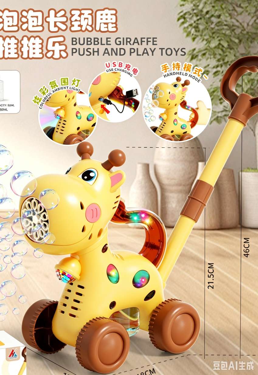Children's giraffe bubble push game, push-and-hold, light, leak-proof, USB charging, outdoor walking, birthday gift, electric bubble machine details Picture