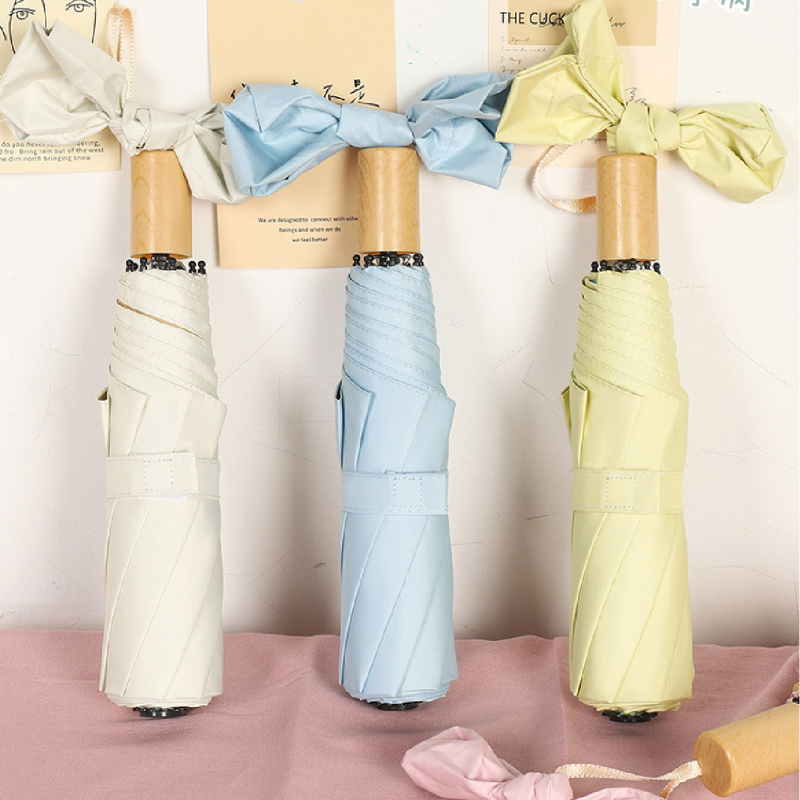 Hengdun Light wood handle bow folding umbrella, windproof and rainproof, French retro color glue UV protection, all-weather and all-weather umbrella, macaron color series portable sunshade umbrella, student commuting support wholesale, custom logo