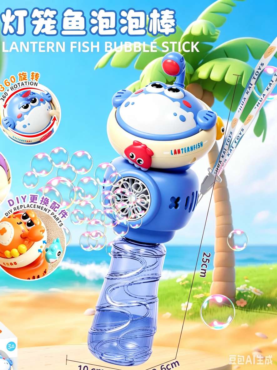 Cartoon lanternfish bubble machine, fully automatic continuous bubble production, portable bubble gun toy with lanyard Specification image