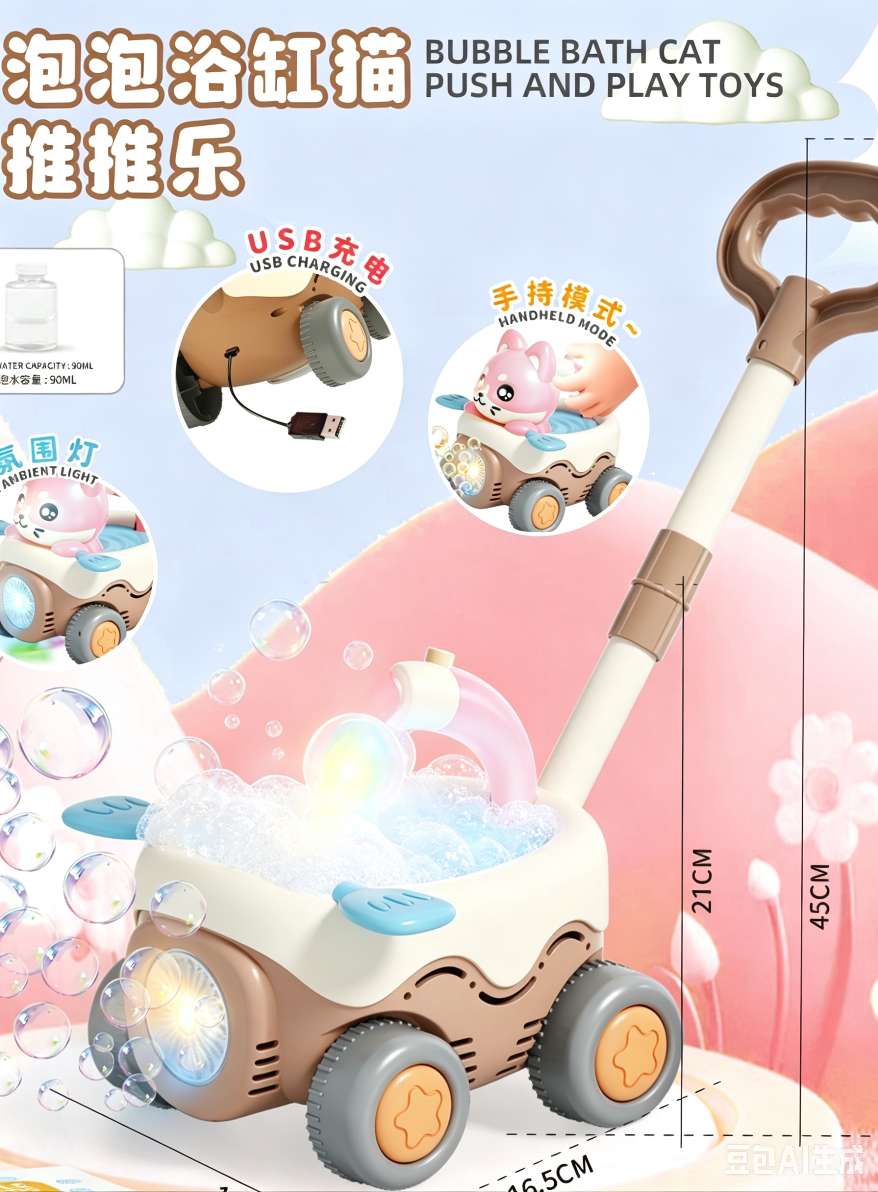 Children's bathtub cat bubble push, portable, light, leak-proof, USB charging, outdoor walking, birthday gift, electric bubble machine detail image 3