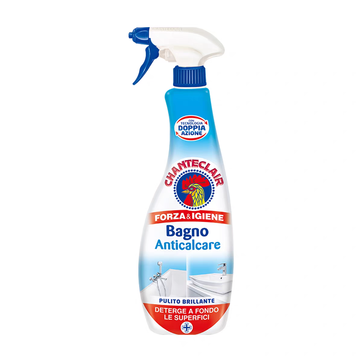 Italian Rooster Bathroom Cleaner 625ml for removing scale and mold from Stainless Steel faucets, Glass bathtubs and tiles Application Scenario