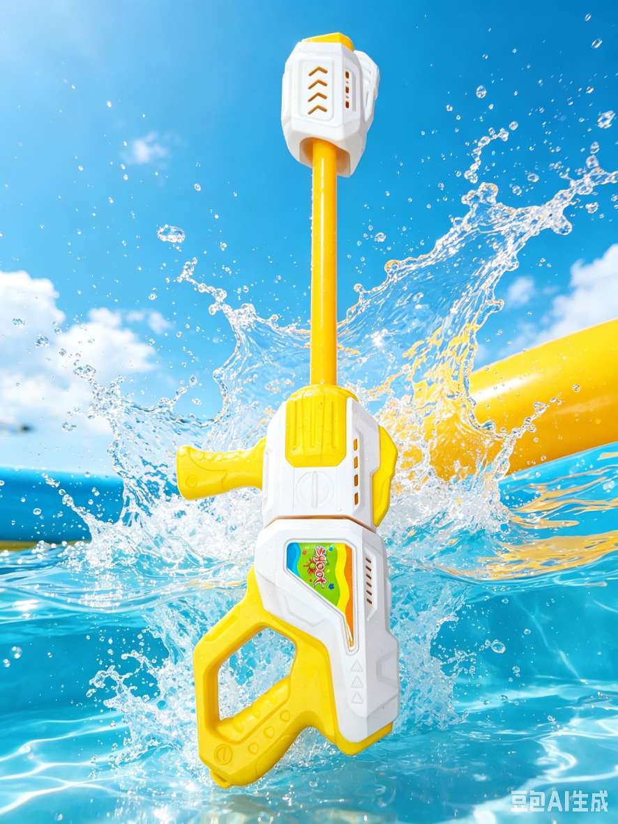 Yellow and white color pull-out water cannon, a perfect water fight tool for children, a beach swimming pool rafting and water play toy Application Scenario