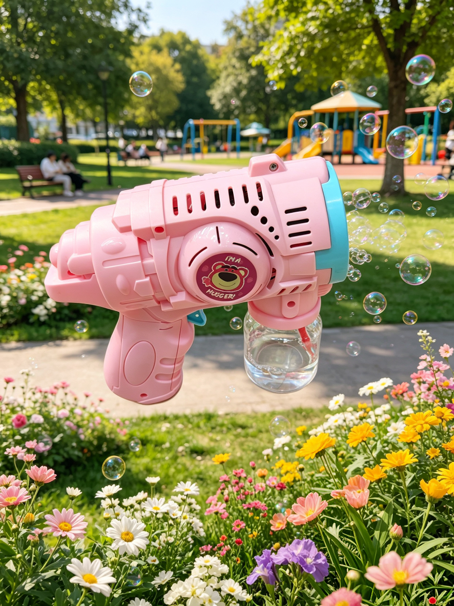 Strawberry Bear co-branded bubble gun, children's handheld fully automatic bubble machine, leak-proof design, summer outdoor toy detail image 2