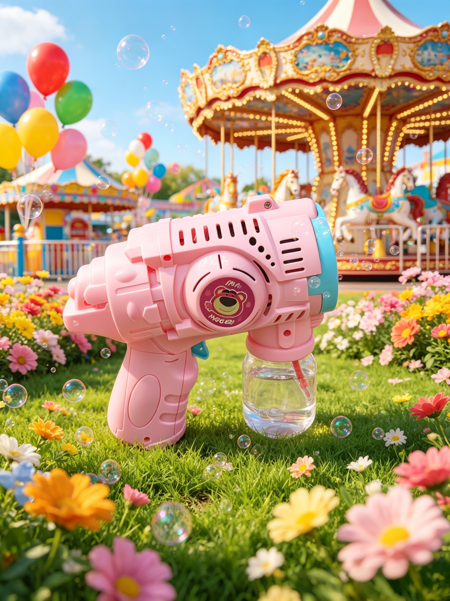 Strawberry Bear co-branded bubble gun, children's handheld fully automatic bubble machine, leak-proof design, summer outdoor toy Application Scenario