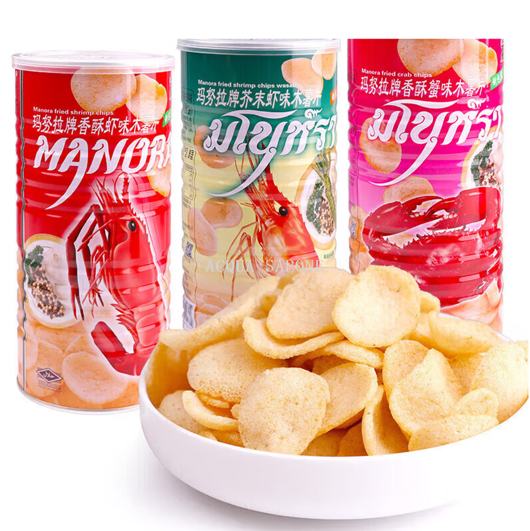 Free shipping! Thai Manula brand crispy shrimp-flavored tapioca chip puffed food, 90g fresh shrimps cut in their original pieces, thin, crispy and not greasy