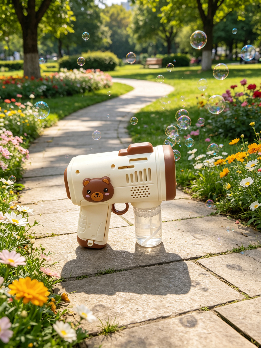 Cute and Fun Little Bear fully automatic bubble machine, children's handheld electric bubble gun, leak-proof outdoor popular toy gift details Picture