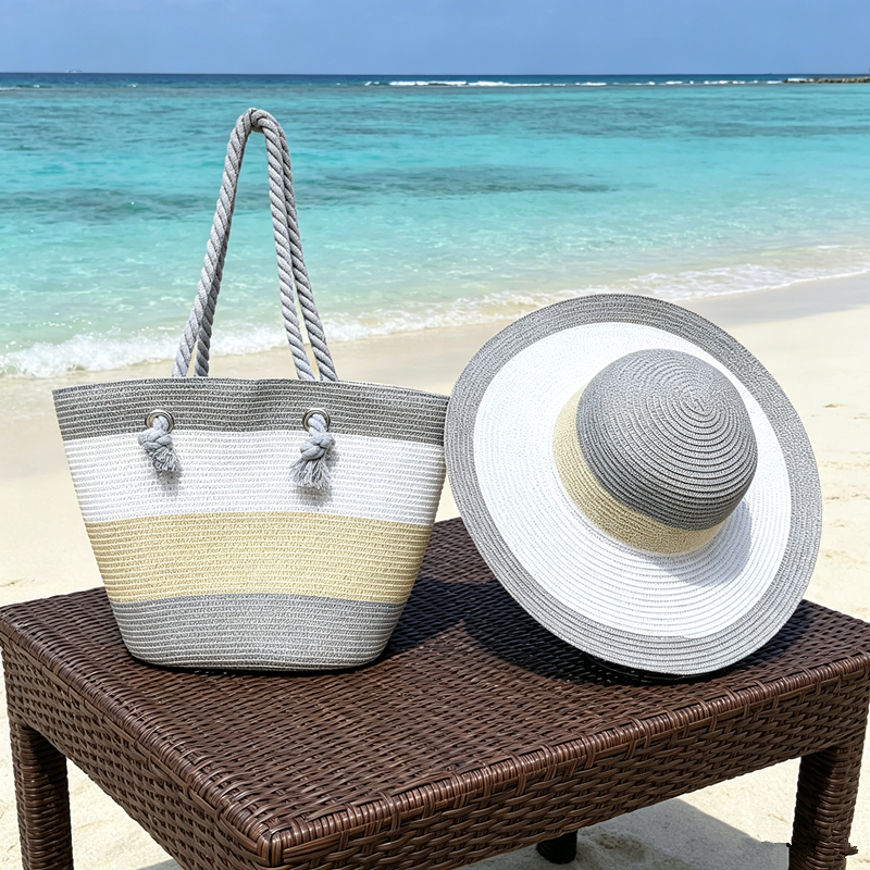 Cross-border new bestsellers: Women's summer straw woven bag, straw hat, beach bag, beach hat combination set, two-piece set, striped wide-brimmed straw hat, single-shoulder tote bag, urban style, casual vacation, foldable women's bag, straw woven artistic beach photo shoot