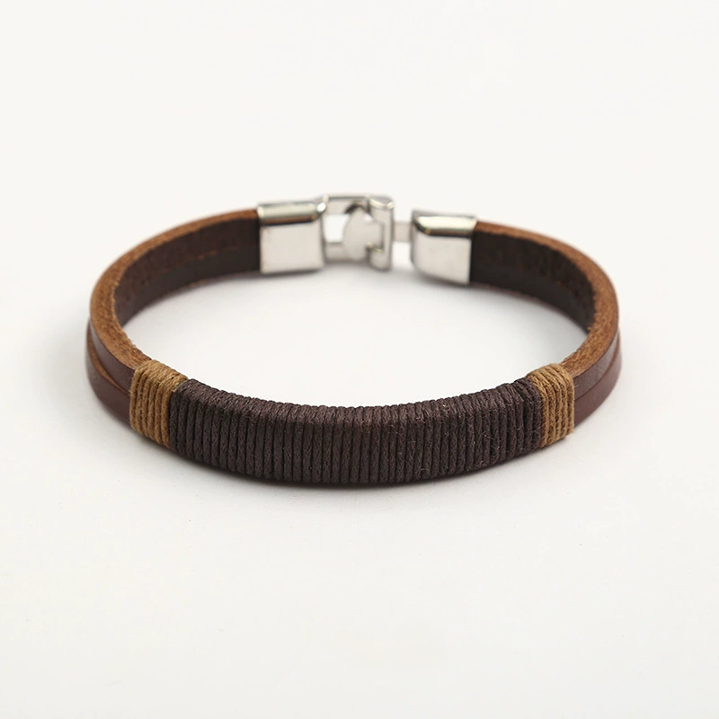 Factory direct sales of hand-tied rope metal T-buckle bracelet with individual and simple style, alloy leather rope Korean-style bracelet Item Picture