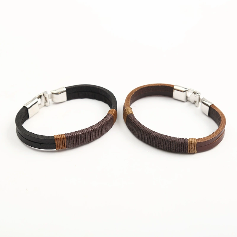 Factory direct sales of hand-tied rope metal T-buckle bracelet with individual and simple style, alloy leather rope Korean-style bracelet