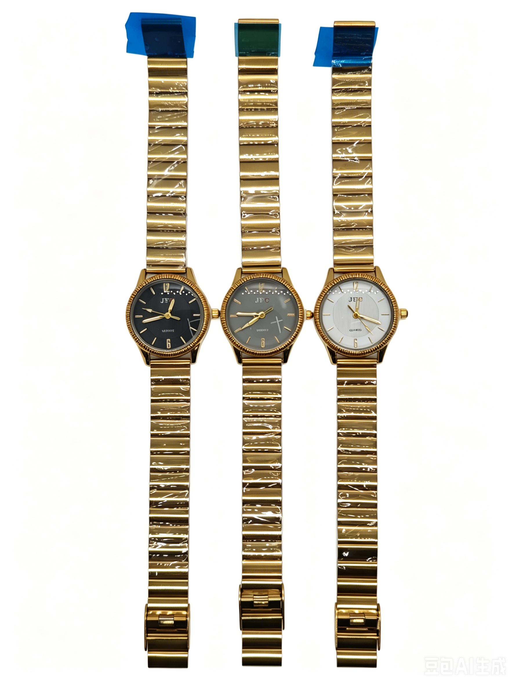The golden steel band, three-color round dial quartz watch from the watch manufacturer features a fashionable, trendy and classic design, as well as a couple's clothing accessory watch