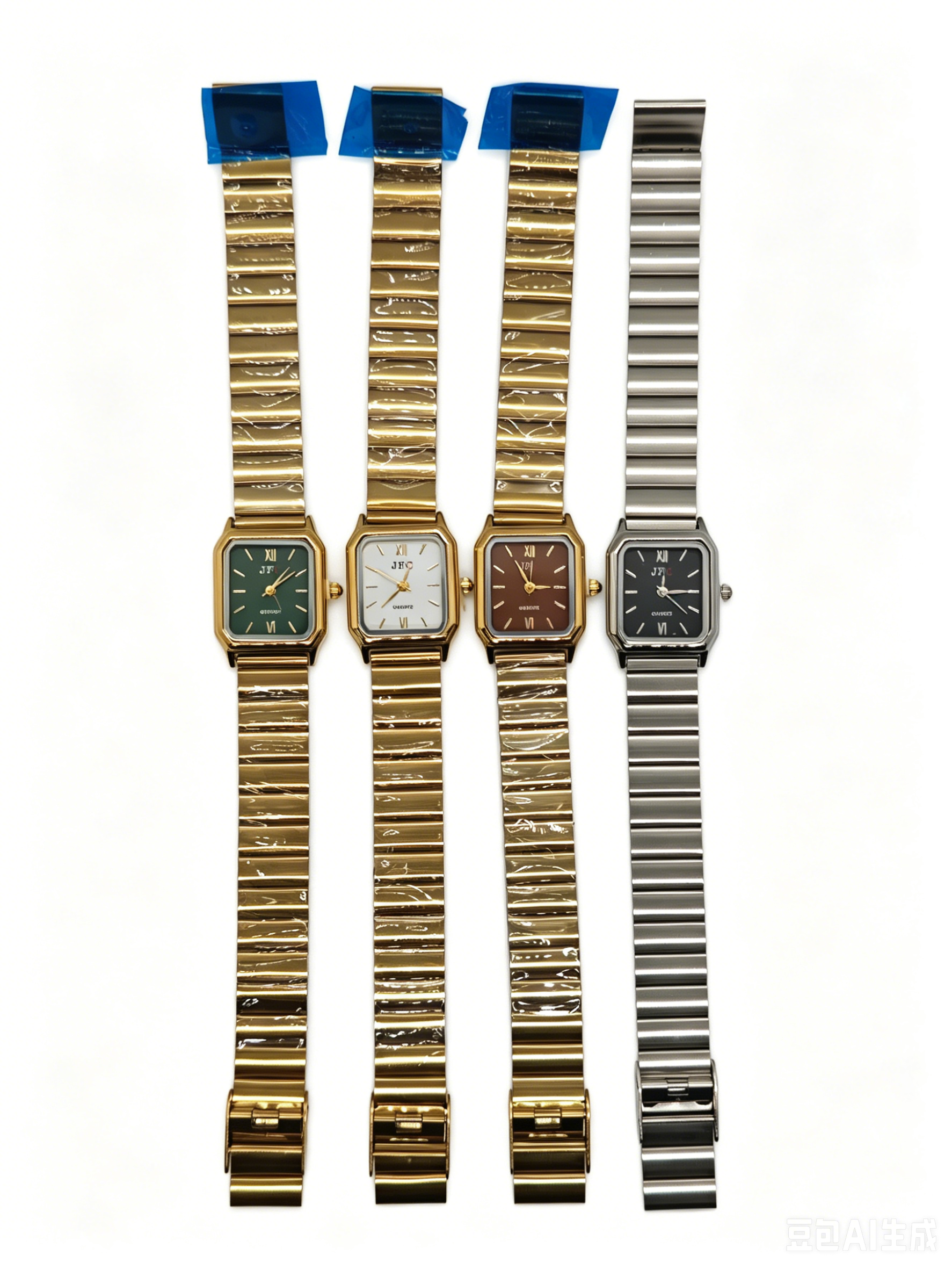 The watch manufacturer's gold, silver and steel band square four-color dial quartz watch is a fashionable, trendy and classic design for couple clothing accessories