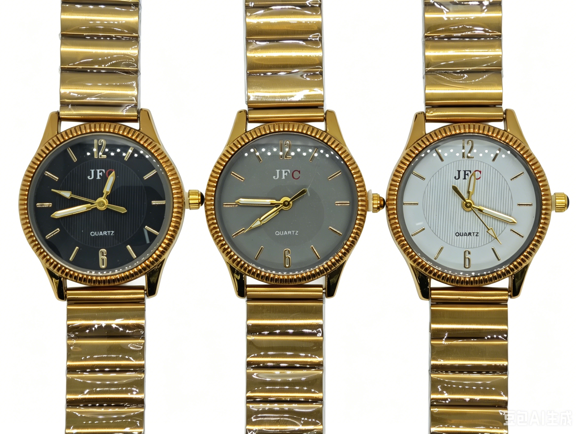 The golden steel band, three-color round dial quartz watch from the watch manufacturer features a fashionable, trendy and classic design, as well as a couple's clothing accessory watch Item Picture
