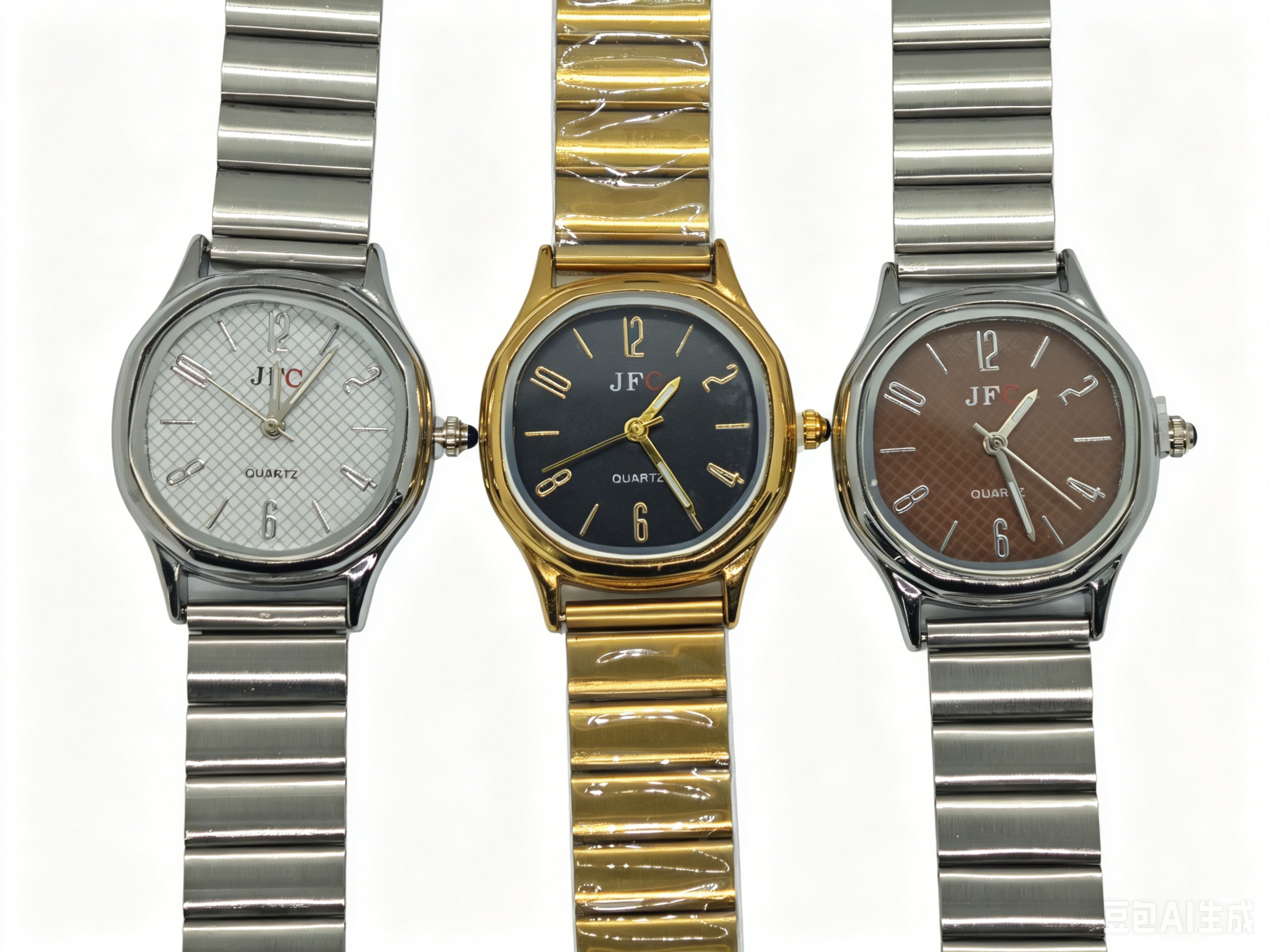 The quartz watch with a round three-color dial featuring gold, silver and steel bands from the watch manufacturer is a fashionable and classic design for couple clothing accessories Item Picture