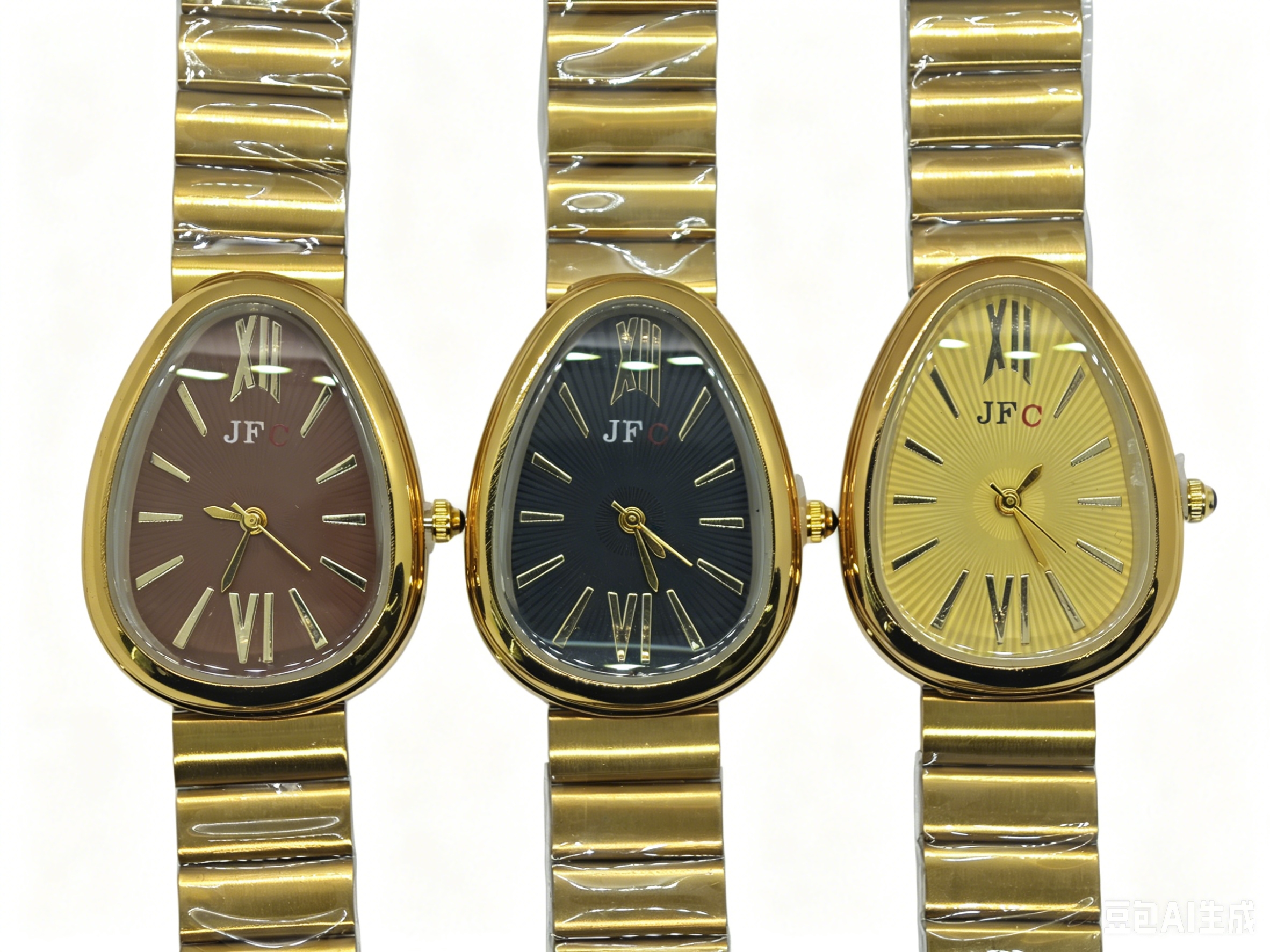 The watch manufacturer's golden steel band, oval-shaped three-color dial quartz watch, fashionable and trendy, classic design, couple clothing accessory watch Item Picture
