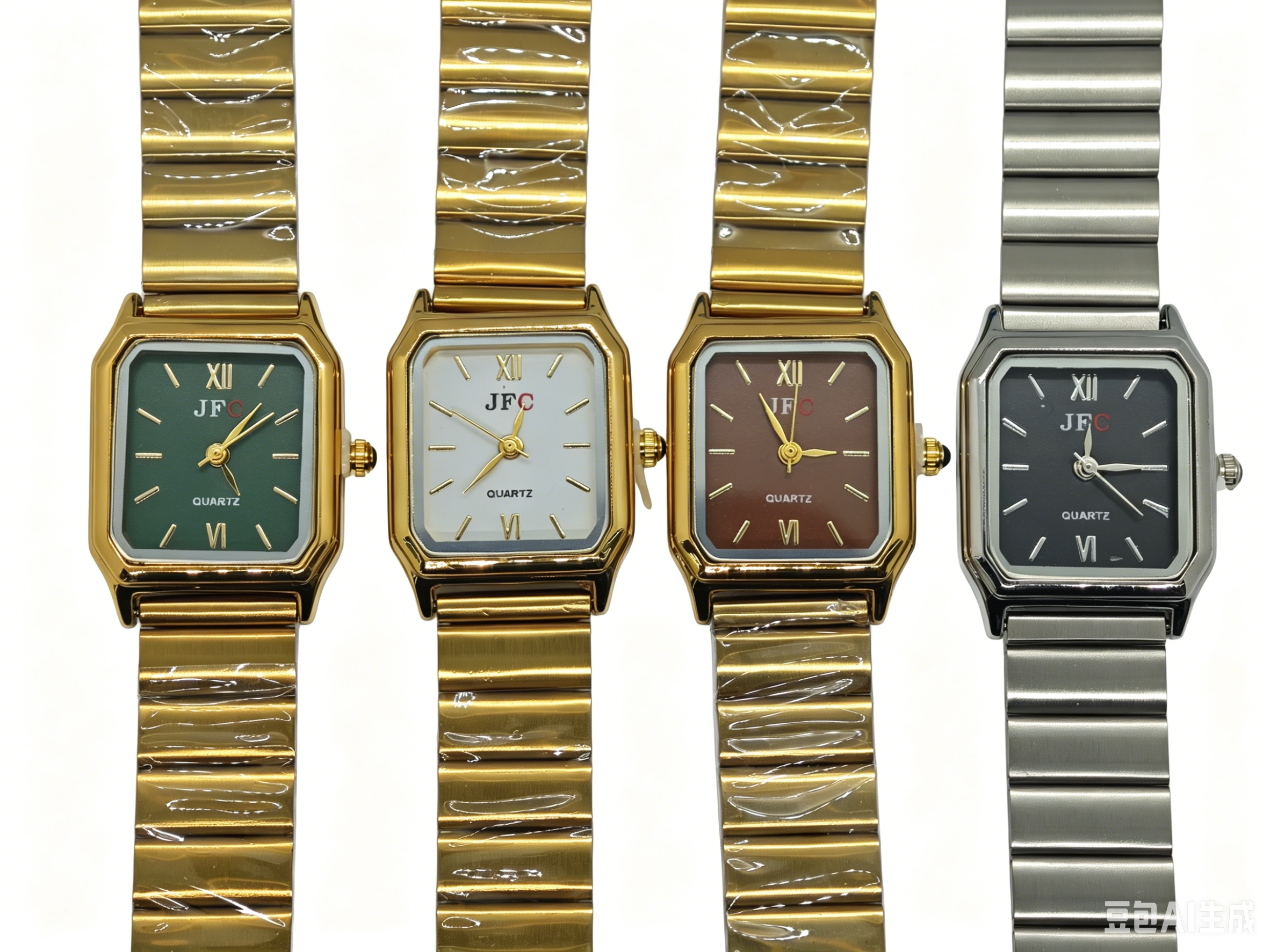 The watch manufacturer's gold, silver and steel band square four-color dial quartz watch is a fashionable, trendy and classic design for couple clothing accessories Item Picture