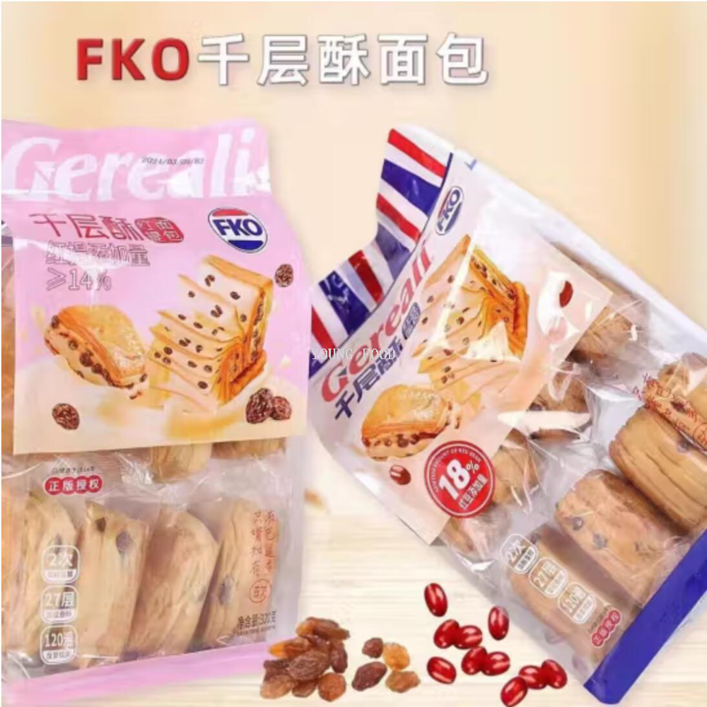 Free shipping! fko Mille-Feuille Red Bean Bread 320g Hong Kong-style pastry breakfast, crispy on the outside and soft on the inside, sweet but not greasy.