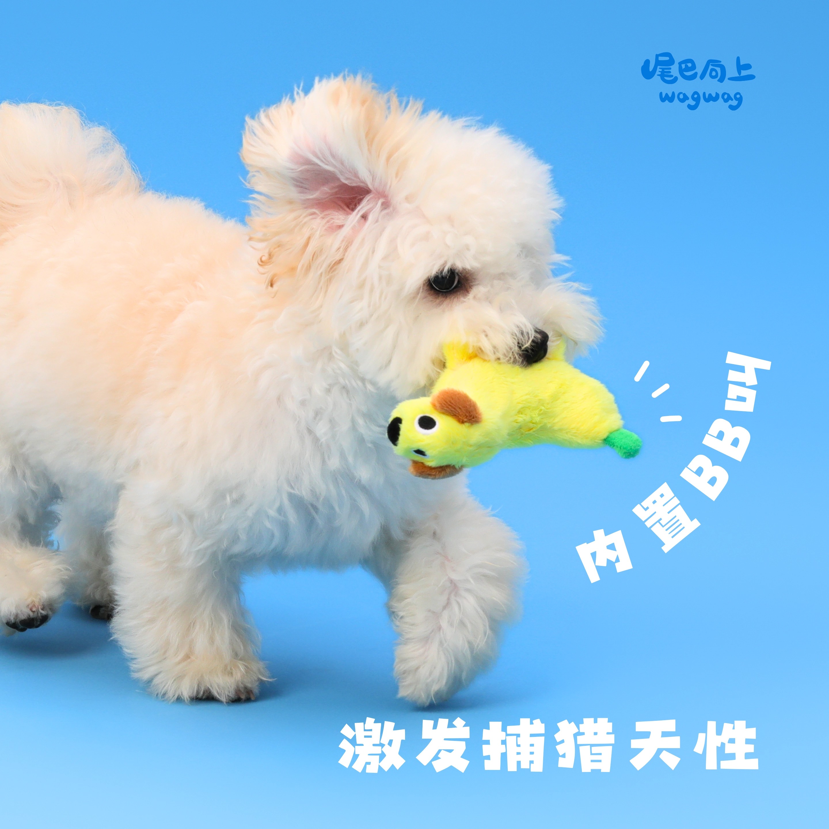 A small banana dog pet toy with an upturned tail, a small dog toy, is called a plush toy details Picture