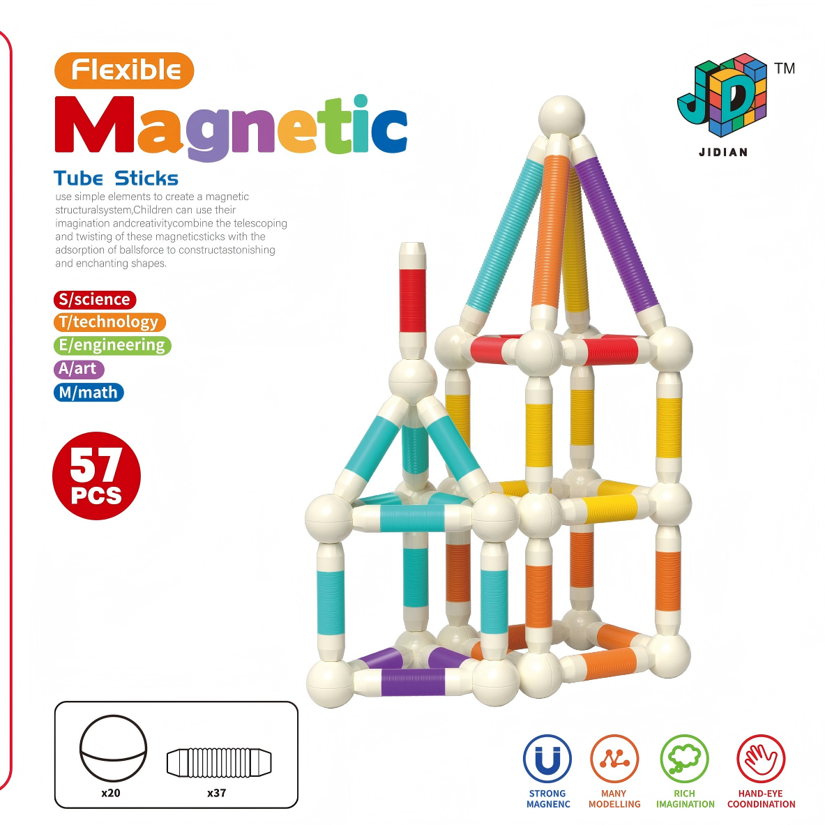  57PCS Kids Flexible Magnetic Tube Sticks full figure