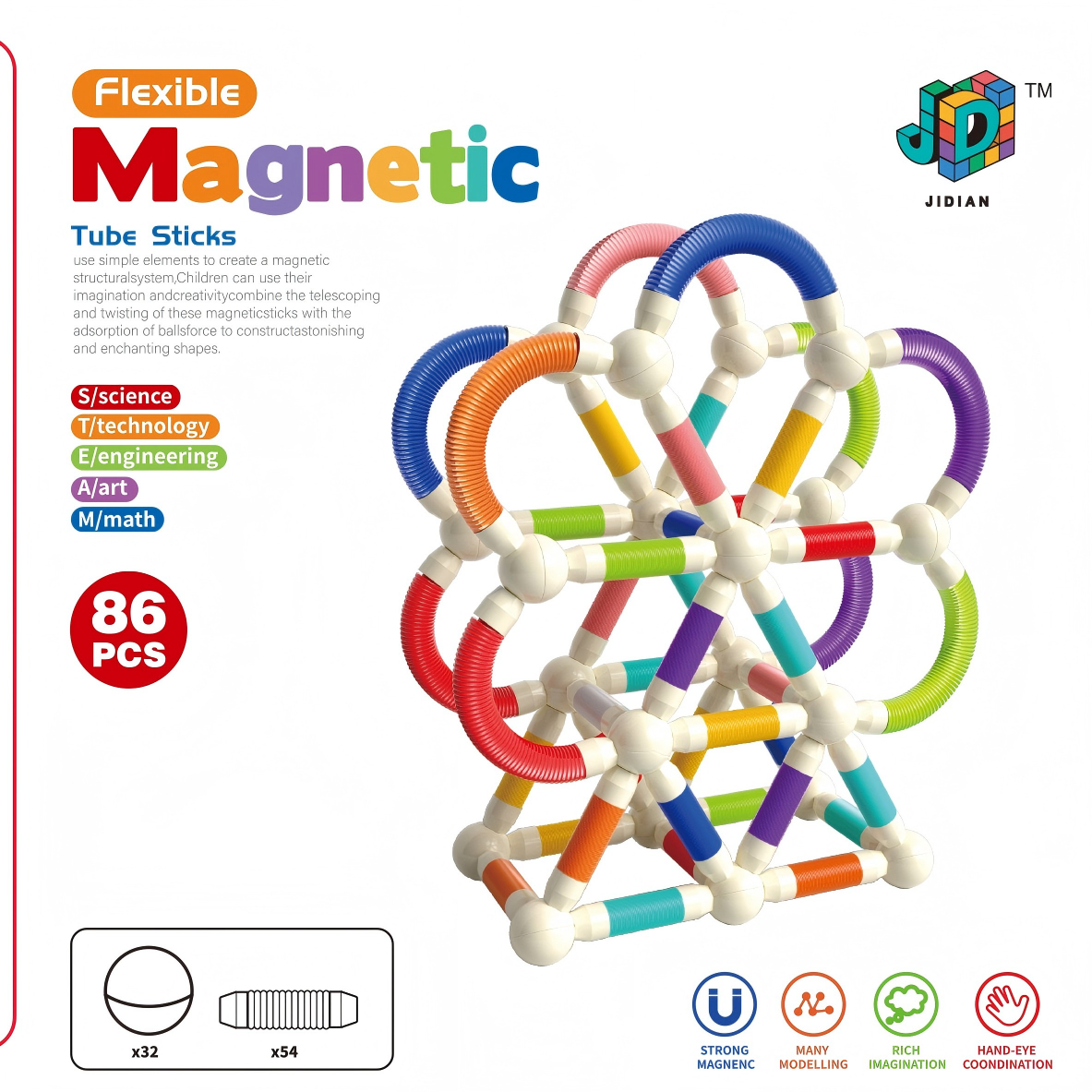 86Pcs Kids Flexible Magnetic Tube Sticks Specification drawing
