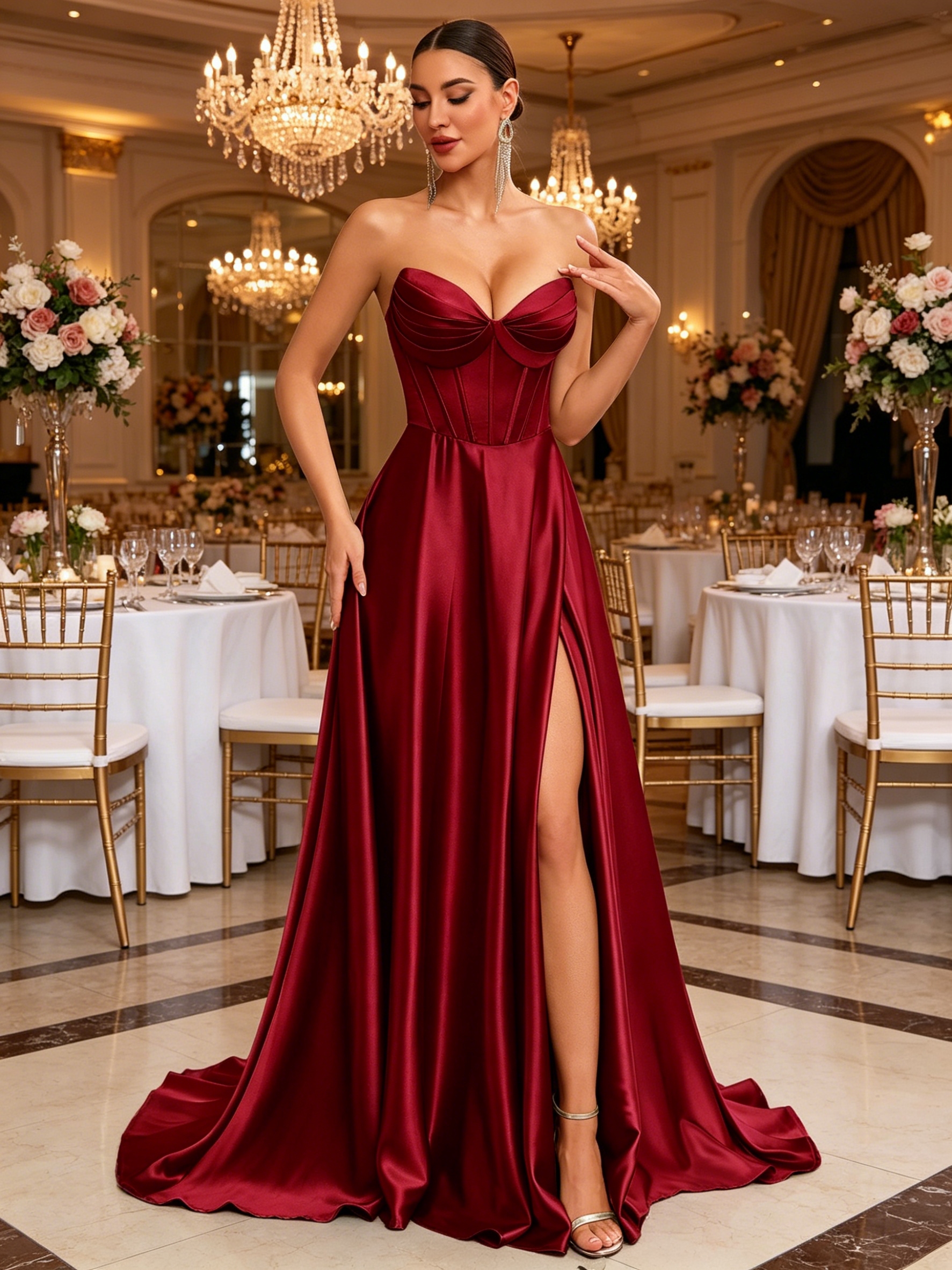 2026 New European and American style light luxury satin strapless evening dress, waist-cinched fishbone slimming slit long high-end banquet dress, banquet dress, waist-cinched summer dress Item Picture