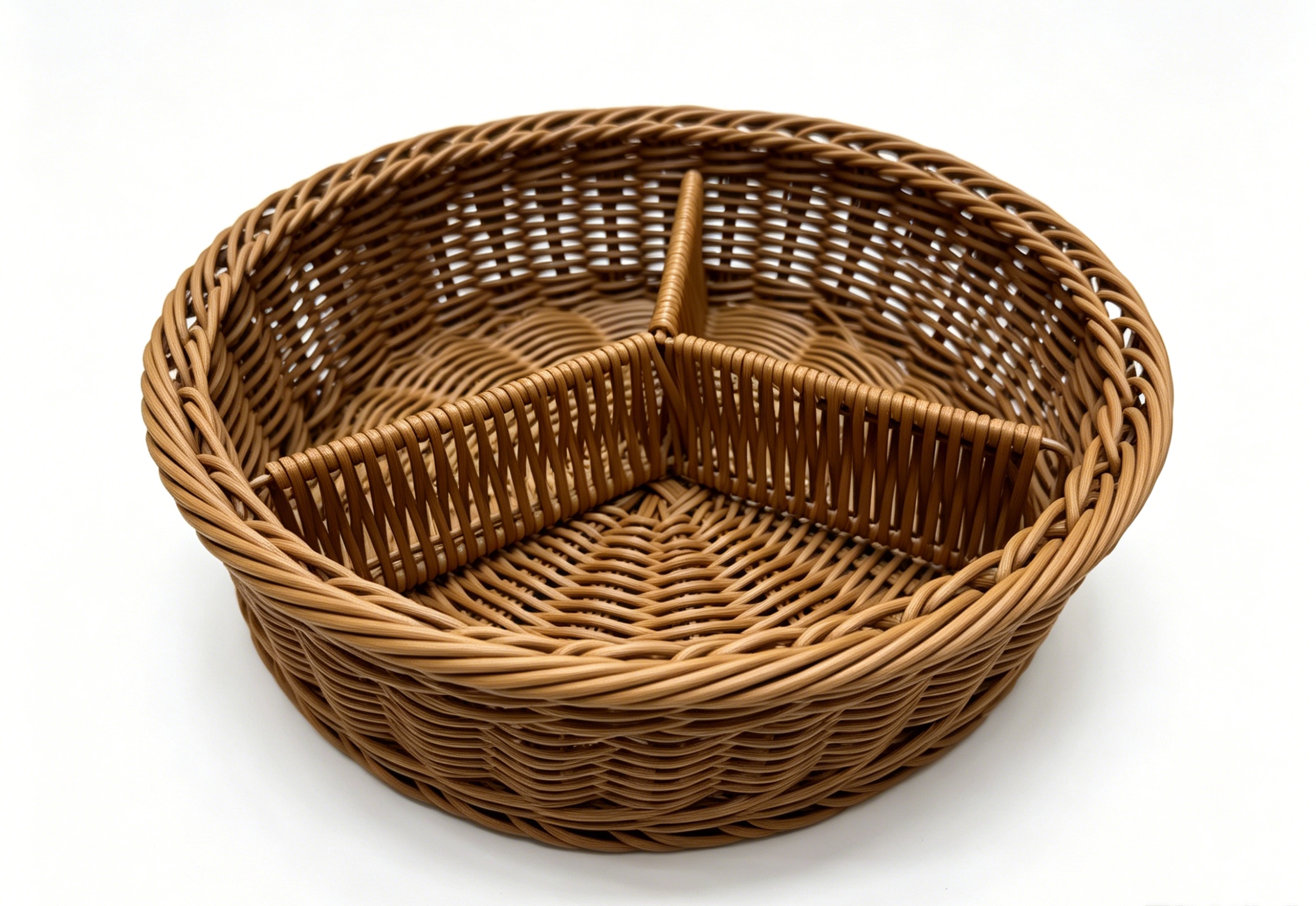 Rattan-like woven circular partition plates, candy plates, snack partition plates, light brown three-compartment plates, supermarket gift packaging baskets, bread baskets, fruit baskets
