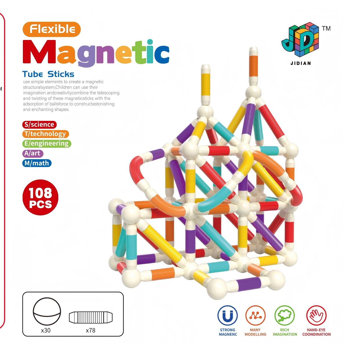108PCS  Kids Flexible Magnetic Tube Sticks  Specification drawing