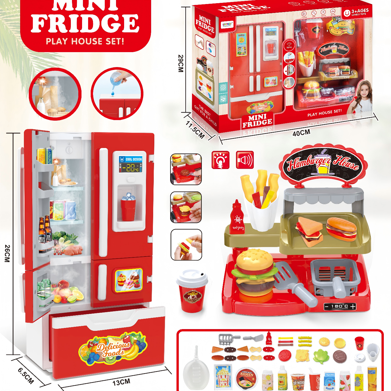 Mini Fridge & Hamburger Station Pretend Play Set, Kids Simulation Spray Refrigerator Kitchen Food Role Play Toy with Light Sound