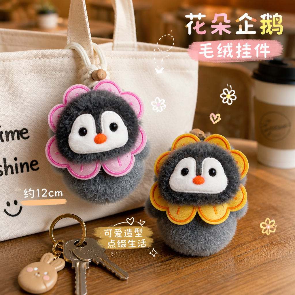 Flower Penguin Creative 4-inch plush pendant, claw machine doll, key pendant, car schoolbag pendant, gift, cartoon transformation keychain, dress-up doll pendant, plush toy, cute wholesale pendant details Picture