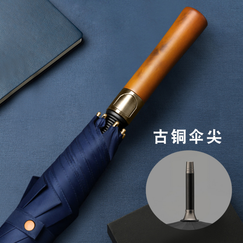 Hengdun retro light luxury solid wood handle automatic straight umbrella, bronze metal umbrella tip reinforced to resist wind, available in multiple colors, high-end all-weather umbrella for business men, specially designed for commuting and gifting, supports wholesale and custom logo Specification image