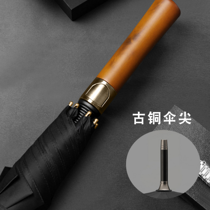 Hengdun retro light luxury solid wood handle automatic straight umbrella, bronze metal umbrella tip reinforced to resist wind, available in multiple colors, high-end all-weather umbrella for business men, specially designed for commuting and gifting, supports wholesale and custom logo Item Picture