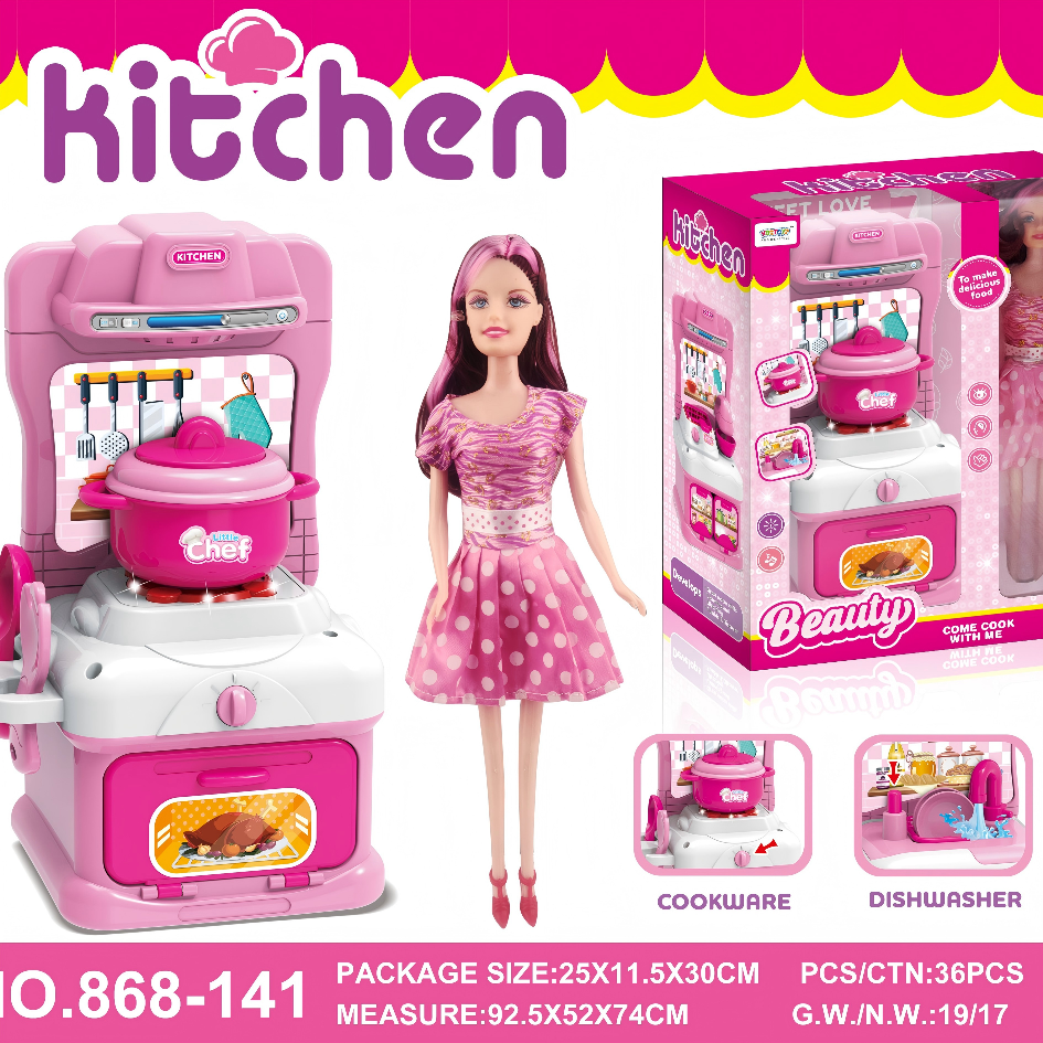 Pink Mini Kitchen Play Set With Fashion Doll & Kids Pretend Cooking Stove Toy Rale Play Game For Toddlers