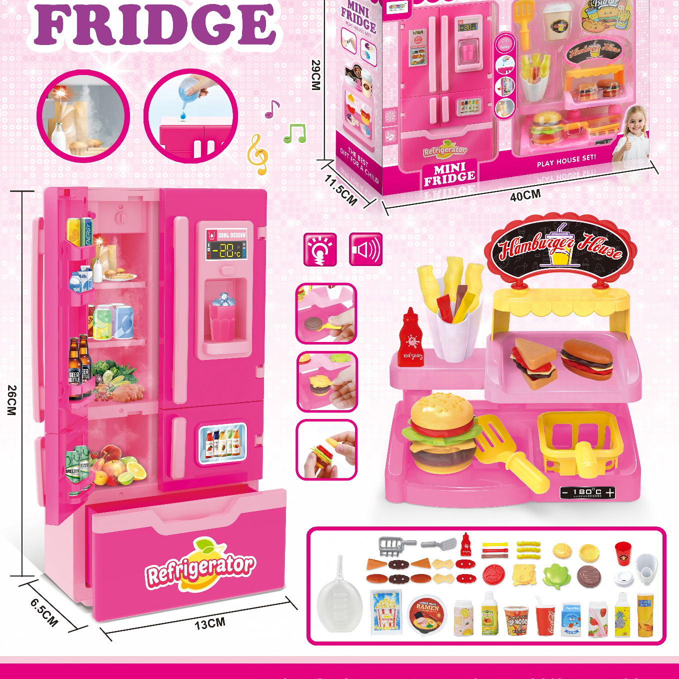Pink Mini Fridge & hamburger Fast Food Stand Pretend Play Set thumbnail