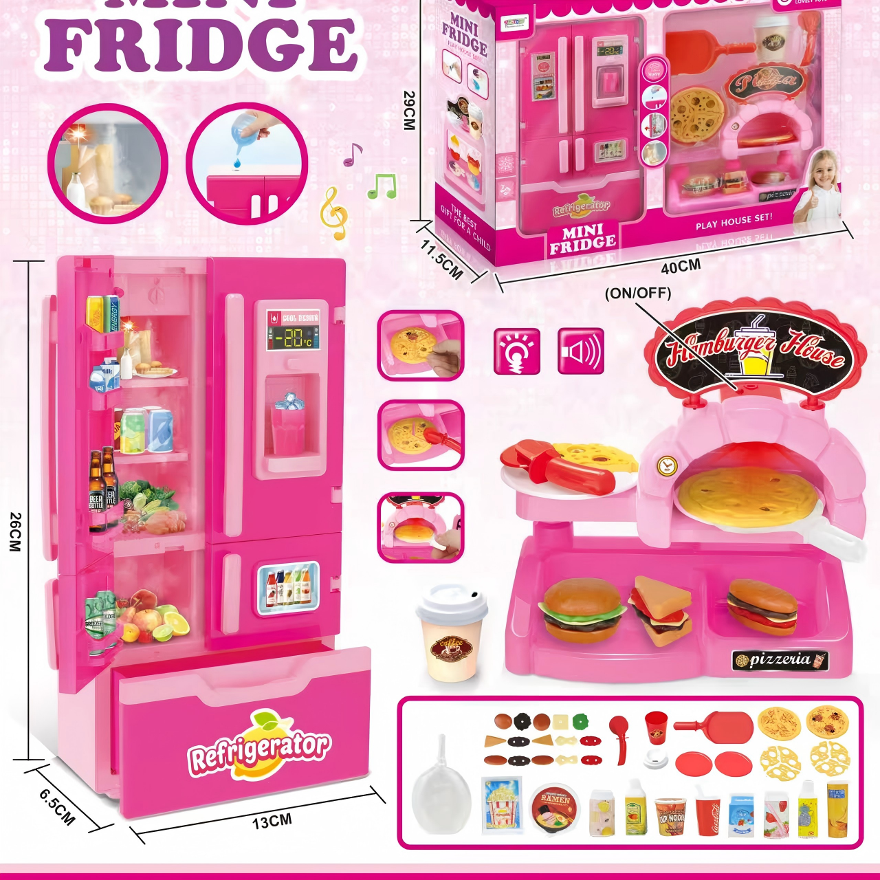 Pink  Mini Fridge & Pizza Oven Pretend Play Set  details Picture