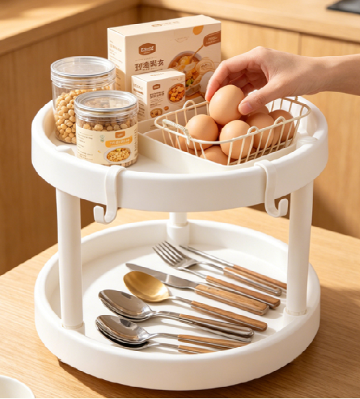 Rotating seasoning rack, kitchen countertop tray, multi-functional oil, salt, soy sauce and vinegar seasoning storage, single, double and three-layer storage rack, dust-proof for products detail image 6