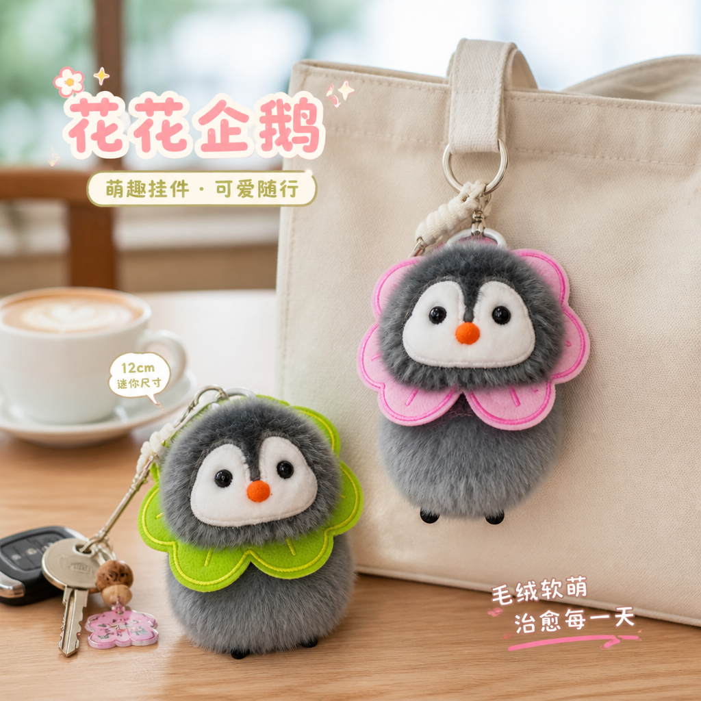 Flower Penguin Creative 4-inch plush pendant, claw machine doll, key pendant, car schoolbag pendant, gift, cartoon transformation keychain, dress-up doll pendant, plush toy, cute wholesale pendant