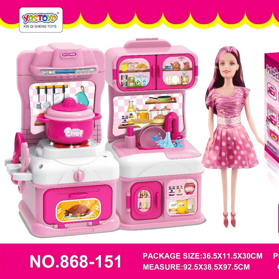 Kids Pink Simulation Water Flow Kitchen Playset with Fashion Doll