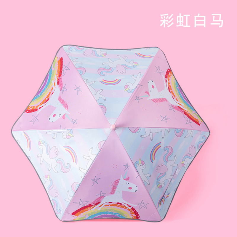 Hengdun rounded corner anti-puncture children's safety umbrella, anti-pinching hand-pushing and opening, cartoon unicorn, special umbrella for boys and girls to go to school, reflective strip edge, black rubber coating, all-weather and all-weather, straight pole umbrella, windproof and anti-storm umbrella Specification image