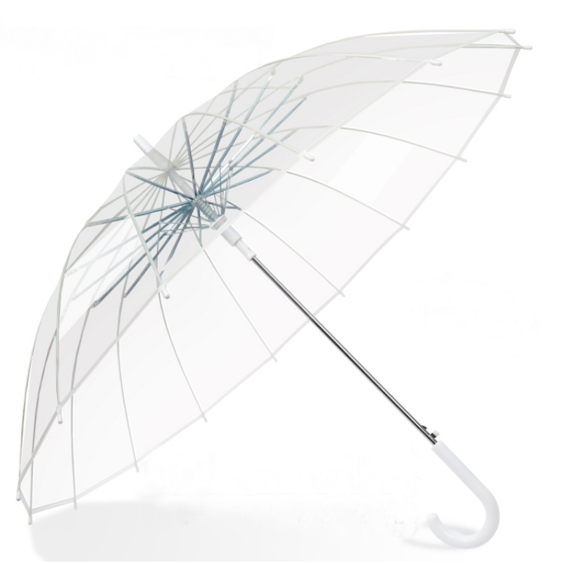 The Hengdun transparent long-handled umbrella features a 16-bone frame for reinforced wind resistance and durability. It is a simple black and white curved handle transparent umbrella that can withstand heavy rain. It is a double-person transparent umbrella that supports wholesale customization with a cartoon pattern logo details Picture