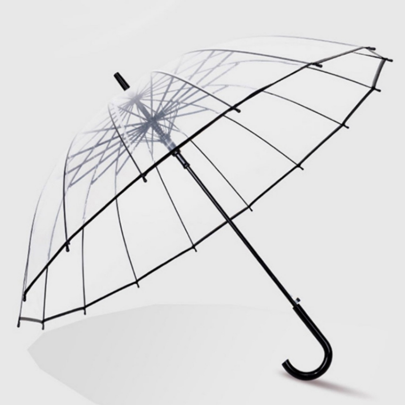 The Hengdun transparent long-handled umbrella features a 16-bone frame for reinforced wind resistance and durability. It is a simple black and white curved handle transparent umbrella that can withstand heavy rain. It is a double-person transparent umbrella that supports wholesale customization with a cartoon pattern logo Item Picture