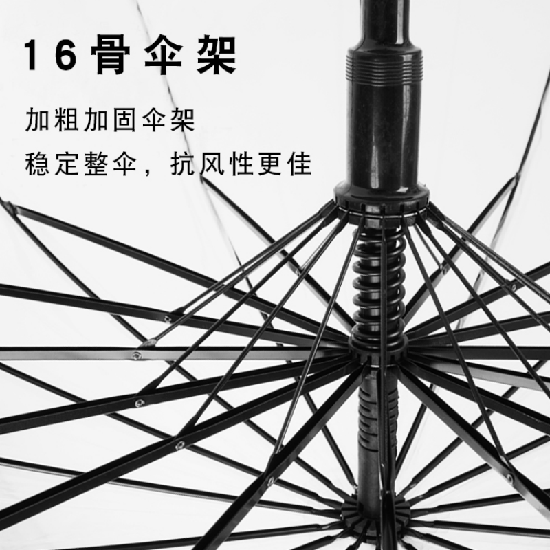 The Hengdun transparent long-handled umbrella features a 16-bone frame for reinforced wind resistance and durability. It is a simple black and white curved handle transparent umbrella that can withstand heavy rain. It is a double-person transparent umbrella that supports wholesale customization with a cartoon pattern logo Application Scenario