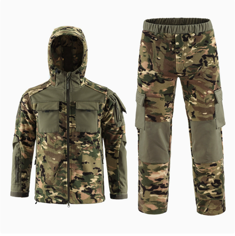 Men's mountaineering and outdoor sports patchwork fleece jacket, men's hooded suit, warm fleece in stock, camouflage workwear