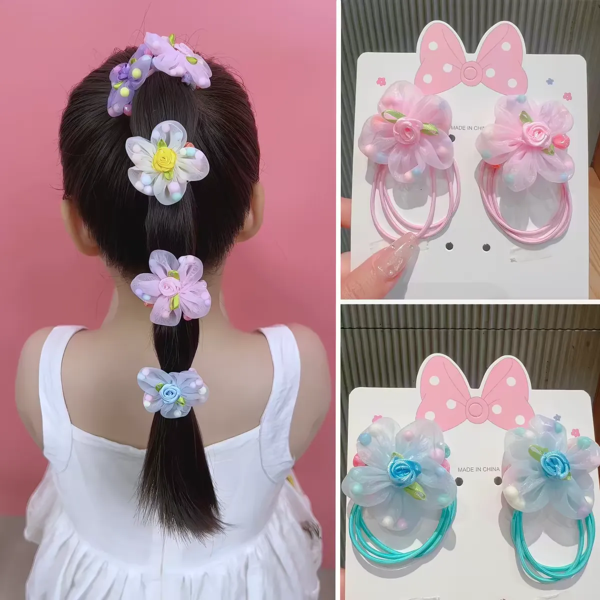 Children's cute flower hair bands, ponytails, bun heads, girls' sweet hair bands, high elasticity, no damage to hair, baby headwear, Yifan accessories detail image 3