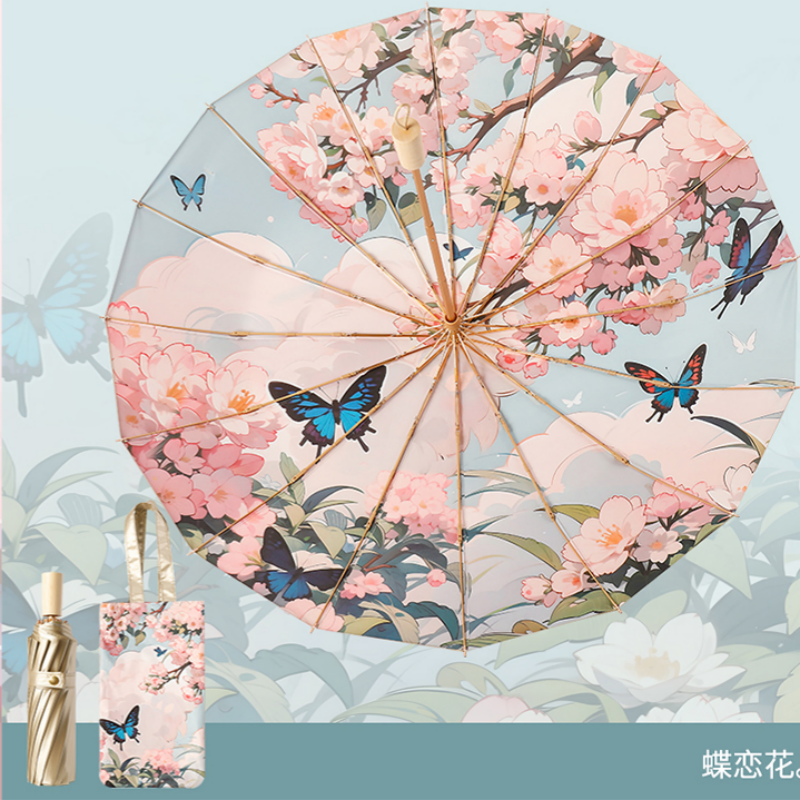 Hengdun 16-bone reinforced illustration wind-weather umbrella, black rubber sun protection and UV-blocking folding umbrella, wooden handle, portable, wind-resistant, weather-resistant dual-purpose umbrella, atmosphere photography sunshade, supports wholesale and custom logo Application Scenario